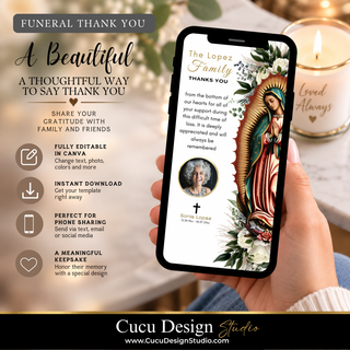A hand holds a smartphone displaying a Funeral Thank You digital template with a religious illustration of Our Lady of Guadalupe and a memorial message. The left side includes marketing text and icons for editable Canva template features, with a lit candle in the background.