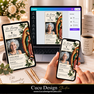 Digital memorial service invitation templates displayed on a laptop, tablet, and smartphone held in hands, with a mug reading 'Good Design Creates Loving Memories' on a styled desk. The Canva app interface is visible on the screen.