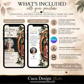 A promotional graphic for a digital Canva funeral invitation and thank you card bundle by Cucu Design Studio. The design shows a beige background with floral and angel illustrations, sample invitation and thank you card mockups on phones, and text listing included digital files, editable Canva template, instant download, and PDF instructions.
