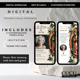 Digital funeral bundle Canva template featuring a coordinated funeral invitation and thank you card with floral Virgin Mary memorial design, editable in minutes / Plantilla de paquete funerario digital en Canva con invitación funeraria y tarjeta de agradecimiento coordinadas con diseño floral de la Virgen María, editable en minutos