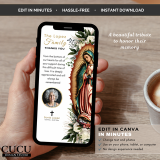 Digital funeral thank you card Canva template displayed on a phone with Virgin Mary floral design, editable memorial thank you card for honoring a loved one / Plantilla de tarjeta digital de agradecimiento funerario en Canva mostrada en un teléfono con diseño floral de la Virgen María, tarjeta editable para honrar la memoria de un ser querido