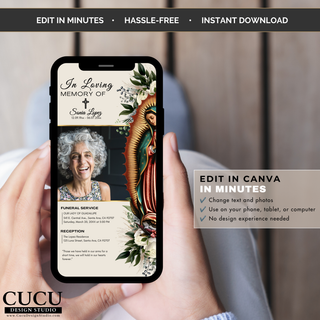 Digital funeral invitation Canva template displayed on a phone featuring a memorial service invitation with Virgin Mary floral design, editable on phone, tablet, or computer / Plantilla de invitación funeraria digital en Canva mostrada en un teléfono con diseño floral de la Virgen María, editable desde teléfono, tableta o computadora