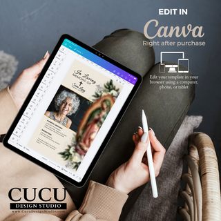 Editable funeral invitation Canva template shown on tablet screen, customize text and photos instantly after purchase using Canva / Plantilla editable de invitación funeraria en Canva mostrada en una tableta, personaliza texto y fotos instantáneamente después de la compra usando Canva