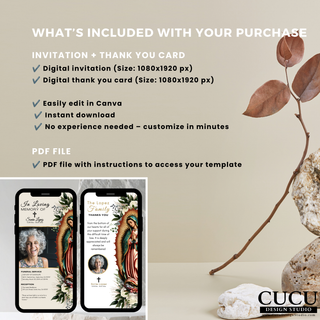 Digital funeral bundle Canva templates including funeral invitation and thank you card, editable memorial templates with instant download and PDF instructions / Plantillas de paquete funerario digital en Canva que incluyen invitación funeraria y tarjeta de agradecimiento, plantillas memoriales editables con descarga instantánea e instrucciones en PDF