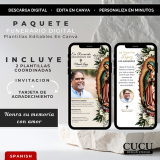 Paquete funerario digital con diseño de la Virgen de Guadalupe, incluye invitación y tarjeta de agradecimiento editable en Canva con estilo elegante, flores blancas y detalles dorados / Digital funeral package featuring Virgin of Guadalupe design, includes editable invitation and thank you card in Canva with elegant style, white flowers and gold accents 