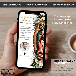 Invitación funeraria digital mostrada en un celular con diseño religioso de la Virgen de Guadalupe, estilo elegante y mensaje de homenaje para compartir fácilmente / Digital funeral invitation displayed on a phone featuring Virgin of Guadalupe religious design, elegant style and tribute message for easy sharing
