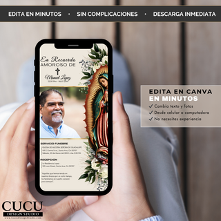 Ejemplo de invitación funeraria editable con foto del difunto, detalles del servicio y diseño floral con la Virgen de Guadalupe en estilo elegante / Editable funeral invitation example with photo of the deceased, service details and floral design featuring the Virgin of Guadalupe in an elegant style