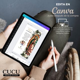 Plantilla funeraria editable en Canva mostrada en tablet, fácil de personalizar con texto, fotos y detalles del servicio desde cualquier dispositivo / Editable funeral template shown on tablet using Canva, easy to customize with text, photos and service details from any device