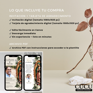 Contenido del paquete funerario digital que incluye invitación y tarjeta de agradecimiento editables en Canva con diseño religioso elegante /
Digital funeral package contents including invitation and editable thank you card in Canva with elegant religious design
