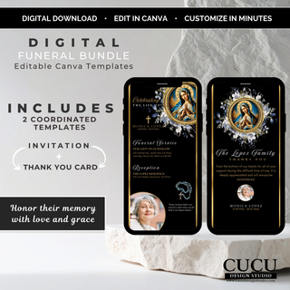 Digital funeral bundle Canva template featuring coordinated memorial invitation and thank you card with elegant Virgin Mary design in black and gold, editable in minutes / Plantilla de paquete funerario digital en Canva con invitación memorial y tarjeta de agradecimiento coordinadas con elegante diseño de la Virgen María en negro y dorado, editable en minutos