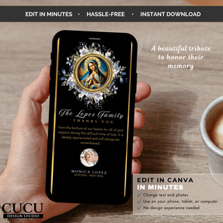 Digital funeral thank you card Canva template displayed on a phone with Virgin Mary floral design in black and gold, editable memorial thank you card for honoring a loved one / Plantilla de tarjeta digital de agradecimiento funerario en Canva mostrada en un teléfono con diseño floral de la Virgen María en negro y dorado, tarjeta memorial editable para honrar a un ser querido