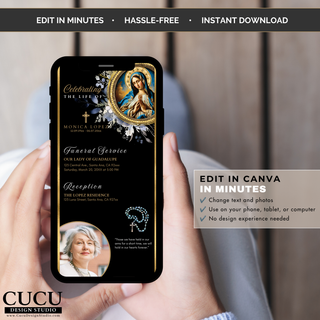 Digital funeral invitation Canva template displayed on a phone featuring a memorial service invitation with Virgin Mary artwork, black and gold design editable on phone, tablet, or computer / Plantilla de invitación funeraria digital en Canva mostrada en un teléfono con ilustración de la Virgen María, diseño negro y dorado editable desde teléfono, tableta o computadora