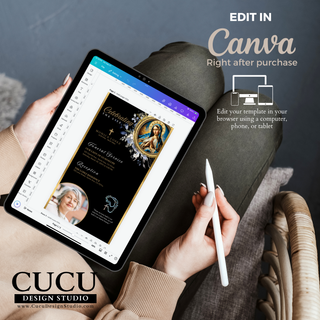 Editable funeral invitation Canva template shown on tablet screen, customize text and photos instantly after purchase using Canva on any device / Plantilla editable de invitación funeraria en Canva mostrada en una tableta, personaliza texto y fotos instantáneamente después de la compra usando Canva en cualquier dispositivo