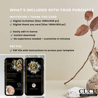 Digital funeral bundle Canva templates including memorial invitation and thank you card with Virgin Mary design, editable templates with instant download and PDF instructions / Plantillas de paquete funerario digital en Canva que incluyen invitación memorial y tarjeta de agradecimiento con diseño de la Virgen María, plantillas editables con descarga instantánea e instrucciones en PDF