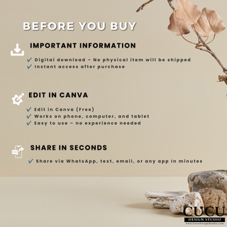 Before you buy funeral Canva template information showing instant download, Canva editing, and easy sharing details for digital memorial templates / Información antes de comprar para plantilla funeraria en Canva mostrando descarga instantánea, edición en Canva y detalles fáciles para compartir plantillas memoriales digitales