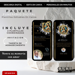 Plantilla funeraria digital elegante con Virgen de Guadalupe en negro y dorado para invitación y agradecimiento editable en Canva / Elegant digital funeral template with Virgin of Guadalupe in black and gold for invitation and thank you card editable in Canva