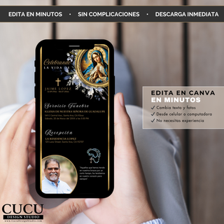 Invitación funeraria digital en celular con diseño negro y dorado y Virgen de Guadalupe, editable en Canva / Digital funeral invitation displayed on phone with black and gold Virgin of Guadalupe design, editable in Canva