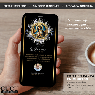 Tarjeta de agradecimiento funeraria con Virgen de Guadalupe en diseño elegante negro y dorado para compartir digitalmente / Funeral thank you card with Virgin of Guadalupe in elegant black and gold design for digital sharing