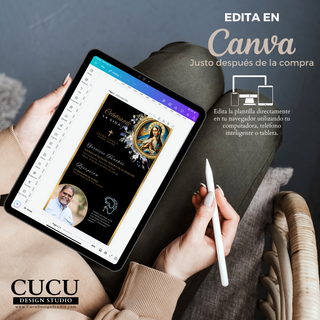 Plantilla editable en Canva mostrada en tablet con diseño funerario católico de la Virgen de Guadalupe / Editable Canva template shown on tablet with Catholic funeral design featuring Virgin of Guadalupe