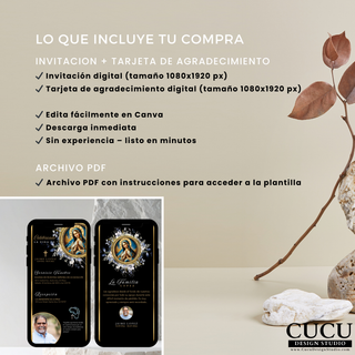Detalles del paquete funerario digital que incluye invitación y tarjeta de agradecimiento en estilo elegante /  Digital funeral package details including invitation and thank you card in elegant style