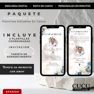 Spanish:
Paquete funerario digital en español con invitación funeraria y tarjeta de agradecimiento editables en Canva, diseño religioso de Jesús con flores azules y blancas para compartir por celular.

English:
Spanish digital funeral bundle with editable Canva funeral invitation and thank you card, featuring a religious Jesus design with blue and white flowers for smartphone sharing.