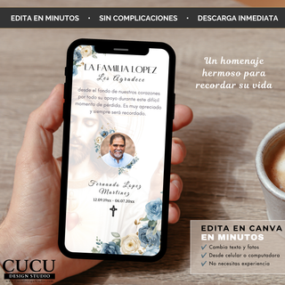 Spanish:
Tarjeta de agradecimiento funeraria digital en español mostrada en un teléfono, plantilla editable en Canva con Jesús, flores azules y blancas, fotografía y mensaje para familiares y amigos.

English:
Spanish digital funeral thank you card displayed on a smartphone, editable Canva template featuring Jesus, blue and white flowers, photo and appreciation message for family and friends.