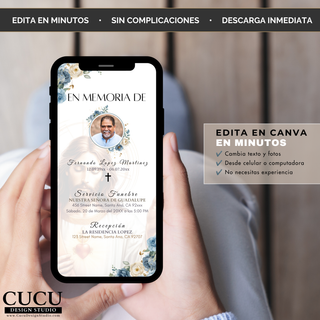 Spanish:
Invitación funeraria digital en español mostrada en un teléfono, plantilla Canva editable con Jesús, flores azules y blancas, fotografía, fechas e información del servicio funerario y recepción.

English:
Spanish digital funeral invitation displayed on a smartphone, editable Canva template with Jesus, blue and white flowers, photo, dates, funeral service and reception information.
