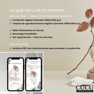 Spanish:
Paquete de plantillas funerarias digitales en español que incluye invitación funeraria y tarjeta de agradecimiento de 1080 x 1920 px, editables en Canva y listas para descargar.

English:
Spanish digital funeral template bundle including a 1080 x 1920 px funeral invitation and thank you card, editable in Canva and ready for digital download.