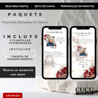 Spanish
Paquete funerario digital editable en Canva que incluye invitación digital y tarjeta de agradecimiento para compartir por WhatsApp. Diseño elegante con flores color borgoña, fondo marfil, detalles religiosos y formato vertical para smartphone.

English
Editable digital funeral bundle for Canva including a funeral invitation and thank you card for WhatsApp sharing. Elegant burgundy floral design with ivory background, religious details, and smartphone vertical format.