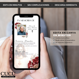 Spanish
Vista previa de la invitación digital funeraria editable en Canva con fotografía, información del servicio funerario, recepción y elegante diseño floral en formato para teléfono móvil.

English
Preview of the editable Canva funeral invitation featuring a personalized photo, funeral service details, reception information, and elegant floral smartphone layout.