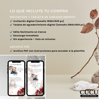 Spanish
Descripción del contenido incluido en el paquete funerario digital: invitación editable, tarjeta de agradecimiento editable y archivo PDF con acceso inmediato a las plantillas de Canva.

English
Overview of everything included in the digital funeral bundle: editable invitation, editable thank you card, and PDF access file for instant Canva templates.