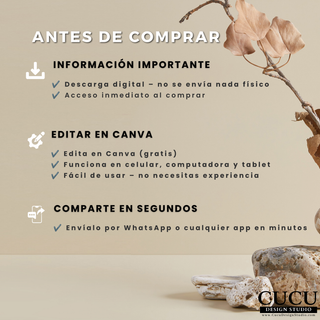 Spanish
Información importante antes de comprar la plantilla funeraria digital. Producto de descarga inmediata, editable en Canva y compatible con computadora, celular y tablet para compartir fácilmente.

English
Important information before purchasing the digital funeral template. Instant download product, editable in Canva, compatible with desktop, tablet, and mobile devices for easy sharing.