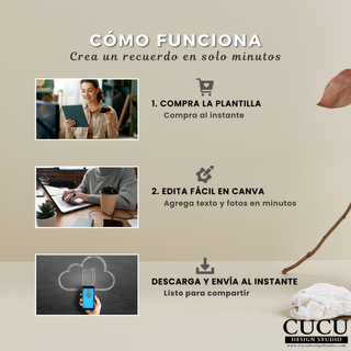 Spanish
Guía paso a paso que explica cómo funciona la plantilla funeraria digital: comprar, editar en Canva, descargar y compartir la invitación y tarjeta de agradecimiento en minutos.

English
Step-by-step guide showing how the digital funeral template works: purchase, edit in Canva, download, and share the invitation and thank you card within minutes.