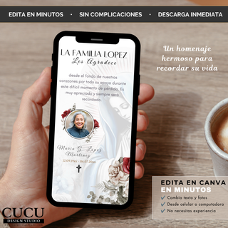 Spanish
Vista previa de la tarjeta digital de agradecimiento para funeral editable en Canva con ilustración religiosa de la Virgen María y delicadas flores borgoña.

English
Preview of the editable digital funeral thank you card featuring the Virgin Mary, elegant floral artwork, and Canva customization.
