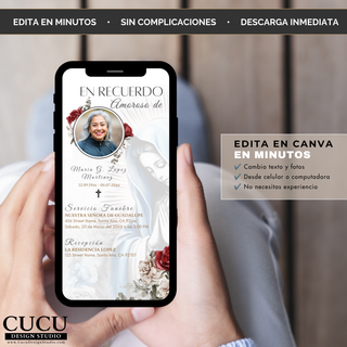 Spanish
Invitación digital funeraria editable en Canva con fotografía personalizada, ilustración de la Virgen María y elegante diseño floral para compartir digitalmente.

English
Editable Canva funeral invitation featuring a personalized photo, Virgin Mary artwork, elegant flowers, and instant digital download.