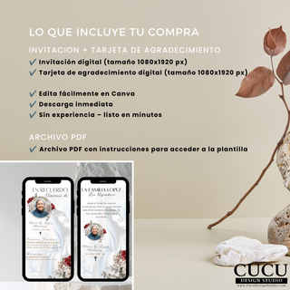 Spanish
Contenido incluido en la compra: invitación digital para funeral, tarjeta digital de agradecimiento y archivo PDF con acceso inmediato a Canva.

English
Purchase includes an editable digital funeral invitation, matching thank you card, and PDF instructions for instant Canva access.