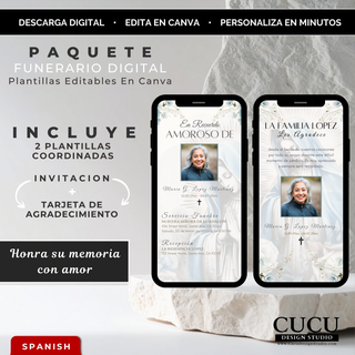 Paquete fúnebre digital editable en Canva que incluye una invitación funeraria y una tarjeta digital de agradecimiento en español. Diseño religioso con ilustración de la Virgen María en tonos blanco, azul y beige, ideal para compartir por WhatsApp, correo electrónico o redes sociales. Descarga digital inmediata.

English
Editable Canva digital funeral bundle including a Spanish funeral invitation and matching thank-you card. Religious memorial design featuring the Virgin Mary with soft white, blue, and bei