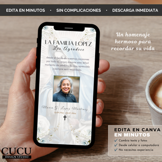 Plantilla digital de tarjeta de agradecimiento para funeral editable en Canva con ilustración de la Virgen María, fotografía personalizable y mensaje de agradecimiento en español. Diseño elegante y religioso para expresar gratitud a familiares y amigos después del servicio funerario.

English
Editable Canva digital funeral thank-you card template featuring the Virgin Mary, customizable memorial photo, and heartfelt appreciation message in Spanish. Elegant religious design for thanking family and friends af