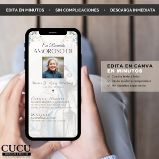 Plantilla digital de invitación funeraria editable en Canva con fotografía personalizable, ilustración de la Virgen María y espacio para agregar información del servicio funerario, misa y recepción. Diseño elegante en tonos blanco, azul y beige para compartir digitalmente.

English
Editable Canva Spanish funeral invitation template featuring a customizable memorial photo, Virgin Mary artwork, and space for funeral service, mass, and reception details. Elegant white, blue, and beige digital memorial design.