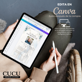 Vista previa de la plantilla funeraria digital abierta en Canva mostrando cómo editar fácilmente la invitación desde computadora, celular o tablet. Producto digital con acceso inmediato después de la compra y personalización sencilla sin experiencia en diseño.

English
Preview of the editable funeral template opened in Canva, demonstrating how to customize the memorial invitation on a computer, tablet, or smartphone. Instant digital access with easy editing and no design experience required.