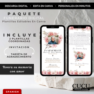Spanish
Plantilla funeraria digital editable en Canva con invitación y tarjeta de agradecimiento coordinadas en tonos rosa suave y flores elegantes. El diseño incluye dos plantillas tamaño 1080x1920 px ideales para compartir por WhatsApp después de personalizar nombres, fotografías y detalles del servicio funerario.

English
Editable Canva digital funeral invitation and thank-you card bundle featuring soft pink floral artwork. Includes two coordinated 1080x1920 templates designed for memorial services, in