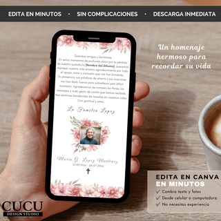 Spanish
Vista previa de la tarjeta digital de agradecimiento editable en Canva con delicadas flores color rosa y espacio para personalizar mensaje, fotografía y nombre del ser querido. Ideal para expresar gratitud después del servicio funerario.

English
Preview of the editable Canva digital funeral thank-you card featuring elegant pink flowers with customizable message, photo, and memorial details. Perfect for expressing gratitude after a funeral service.