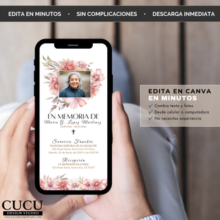 Spanish
Invitación funeraria digital editable mostrada en un teléfono móvil. El diseño floral en tonos rosa permite personalizar fotografía, nombre, fechas, ubicación y horario del servicio funerario en Canva.

English
Editable digital funeral invitation displayed on a smartphone featuring soft pink floral artwork. Easily customize photo, names, dates, service location, and schedule using Canva.