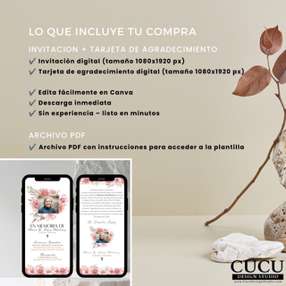 Spanish
Vista informativa del paquete funerario digital mostrando todo lo incluido: invitación digital, tarjeta de agradecimiento, edición en Canva y descarga inmediata mediante archivo PDF.

English
Product information image showing everything included in the digital funeral bundle: editable invitation, thank-you card, Canva access, and instant PDF download instructions.