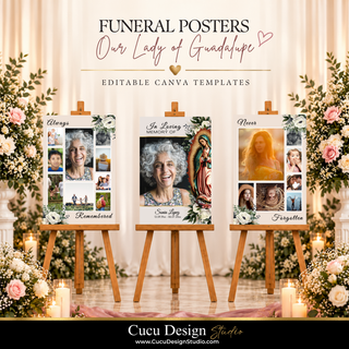 Three customizable Canva funeral memorial posters displayed on wooden easels in a decorated chapel setting with flowers and candles. The posters feature placeholder photos and text such as 'Always Remembered,' 'In Loving Memory,' and 'Forgotten.