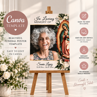 Digital Canva template preview for a memorial poster displayed on a wooden easel, with floral arrangements in the background and feature icons along the right side.