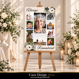 A wooden easel displaying a personalized memorial photo collage with the words 'Always' and 'Remembered' in script, set in a bright, elegant indoor space with floral arrangements and candles. A black banner at the bottom reads 'Cucu Design Studio'.