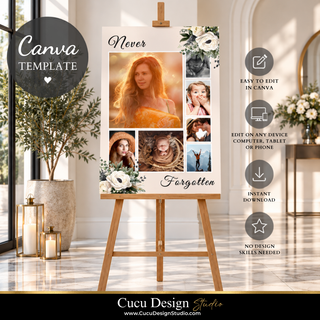 A Canva wedding or memorial invitation template displayed on a wooden easel in a bright, elegant room. The template features a collage layout with placeholder photos, floral accents, and the words 'Never Forgotten'.