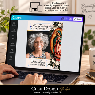 A laptop on a desk shows a Canva memorial template being edited by hands. The template features a photo of a smiling woman, the text 'In Loving Memory of Sonia Lopez,' and a religious image of Our Lady of Guadalupe.
