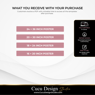 Promotional graphic for a PDF poster template bundle from Cucu Design Studio. It shows four poster sizes listed in pink bars: 24 x 36 inch, 20 x 30 inch, 18 x 24 inch, and 16 x 20 inch.